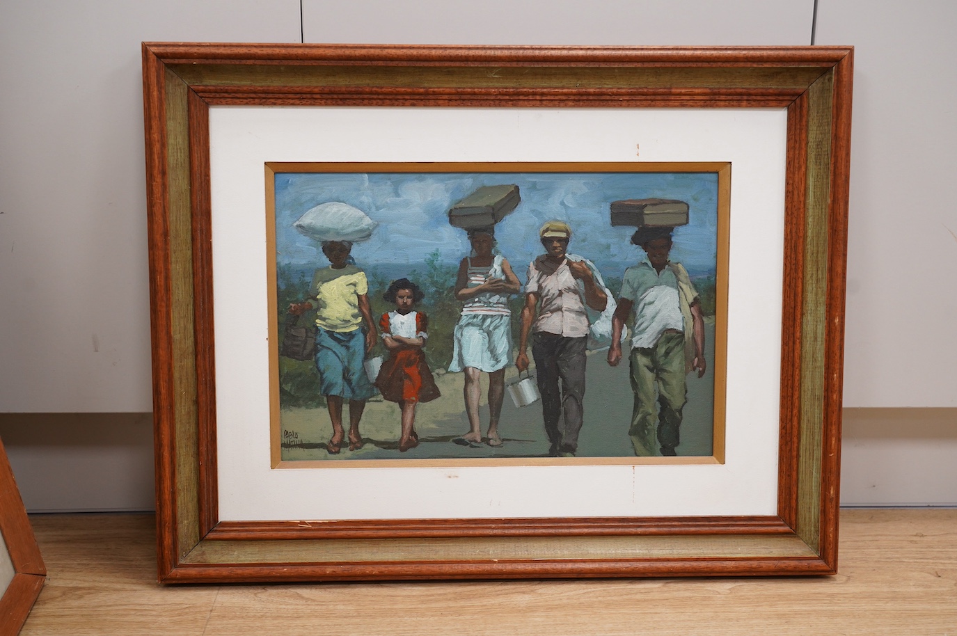 Pablo Matania (20th. C), oil on canvas, Five figures walking, signed, 29 x 43.5cm. Condition - good